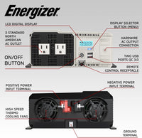 Refurbished Energizer 3000 Watt 12V Pure Sine Inverter Dual AC Outlets & USB, Installation Kit Included, Automotive Power for Power Tools, Camping & Car Accessories - ETL Approved Under UL STD 458