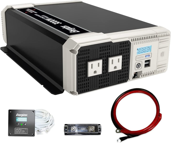 Refurbished Energizer 3000 Watt 12V Pure Sine Inverter Dual AC Outlets & USB, Installation Kit Included, Automotive Power for Power Tools, Camping & Car Accessories - ETL Approved Under UL STD 458
