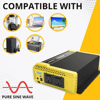 Refurbished Krieger 1100 Watt 12V Pure Sine Power Inverter Dual USB & AC Outlets for Power Tools, Camping and Car Accessories, ETL Approved Under UL STD 458