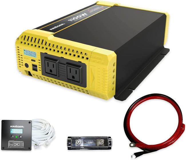 Refurbished Krieger 1100 Watt 12V Pure Sine Power Inverter Dual USB & AC Outlets for Power Tools, Camping and Car Accessories, ETL Approved Under UL STD 458