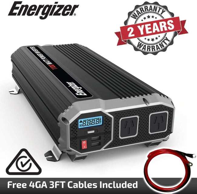 Energizer 1100 Watts Power Inverter 12V to 230V, Modified Sine Wave Car Inverter, DC to AC Converter with Dual 230 Volts AC Outlets and 2 USB Ports 2.4A ea - C-Tick Compliant