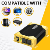 REFURBISHED Krieger 600 Watt 12V DC to 110V AC Car Power Inverter, Modified Sine Wave, 2 Outlets, 2 USB Ports, Cigarette Lighter Plug & Clamps - ETL Approved Under UL STD 458