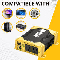 REFURBISHED Krieger 400 Watt 12V DC to 110V AC Car Power Inverter, Modified Sine Wave, 2 Outlets, 2 USB Ports, Cigarette Lighter Plug & Clamps - ETL Certified to UL and CSA Standard