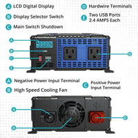 NEW PowerBright 1100 Watt 12V Power Inverter Dual 110V AC Outlets, Installation Kit Included, Automotive Back Up Power Supply for Blenders, Vacuums, Power Tools - ETL Approved Under UL STD 458