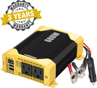 REFURBISHED Krieger 600 Watt 12V DC to 110V AC Car Power Inverter, Modified Sine Wave, 2 Outlets, 2 USB Ports, Cigarette Lighter Plug & Clamps - ETL Approved Under UL STD 458