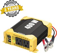 REFURBISHED Krieger 400 Watt 12V DC to 110V AC Car Power Inverter, Modified Sine Wave, 2 Outlets, 2 USB Ports, Cigarette Lighter Plug & Clamps - ETL Certified to UL and CSA Standard
