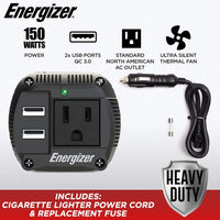 Refurbished EN150 - Energizer 150 Watts Dual Power Inverter 12V to 110V, Modified Sine Wave Car Inverter, 110 Volts AC Outlet, Cigarette Lighter Adapter and 2 USB Ports