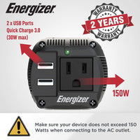 Refurbished EN150 - Energizer 150 Watts Dual Power Inverter 12V to 110V, Modified Sine Wave Car Inverter, 110 Volts AC Outlet, Cigarette Lighter Adapter and 2 USB Ports