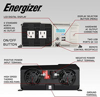 Energizer 1100 Watt 12V Pure Sine Inverter Dual AC Outlets & USB, Installation Kit Included, Automotive Power for Power Tools, Camping & Car Accessories - ETL Approved Under UL STD 458