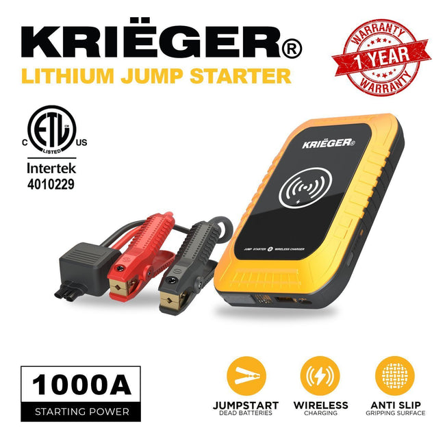Krieger 1000A Lithium Jump Starter + 10W Wireless charger + QC3.0 USB charger + Flash Light ETL certified