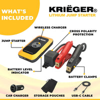 Krieger 1000A Lithium Jump Starter + 10W Wireless charger + QC3.0 USB charger + Flash Light ETL certified