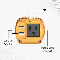 Krieger 150 Watt Pure Sine Wave Power Inverter, 12 V Car Inverter with Dual USB Ports (Quick Charge 3.0), AC Outlet & DC Cord Included - ETL Approved Under UL STD 458