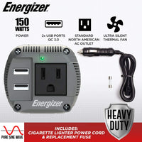 Refurbished Energizer 150 Watts Pure Sine Wave Power Inverter - 2 USB Ports QC 3.0