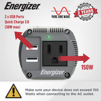 Refurbished Energizer 150 Watts Pure Sine Wave Power Inverter - 2 USB Ports QC 3.0