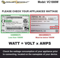 VC1000W PowerBright Step Up & Down Transformer label watt volt amps consumption